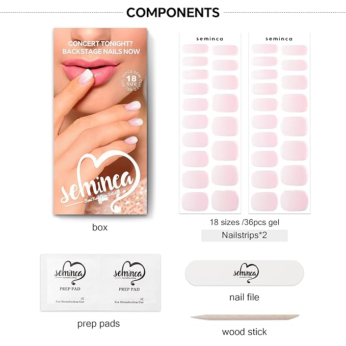 SEMINCA Semi Cured Gel Nail Strips-Valentine's Day Press on Nails Pink Glitter Coffin Fake Nails,Semi Cured Gel Nail Stickers, Romantic Manicure Kit,Works with Any UV/LED Lamps(Sugar Pink)