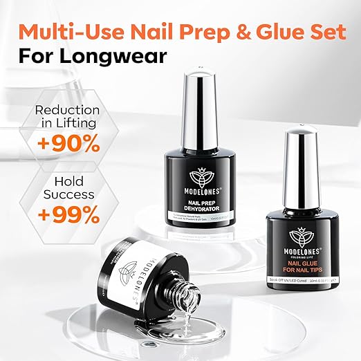 modelones 10-in-One Gel Nail Glue with Nail Dehydrator and Primer for Acrylic Nails Tips/Bloom Gel/Adhesive Bond, Long Lasting Acrylic Nail Supplies