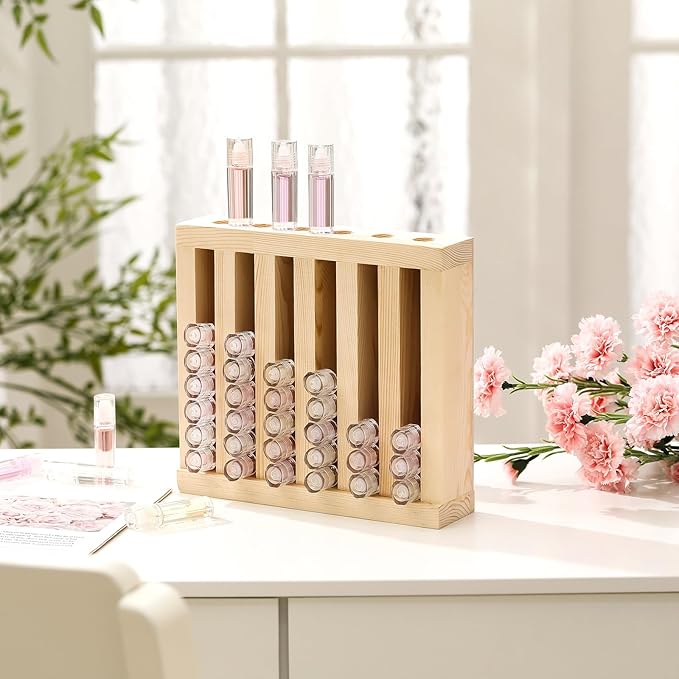 1 Pcs 6 Slot Wooden Lipsticks Holder 0.7 Inch Lip Balm Tube Holder Lip Gloss Organizer Display Wood Lipsticks Tube Tower Organizer for Market Craft Booth Room Display (Wood Color)