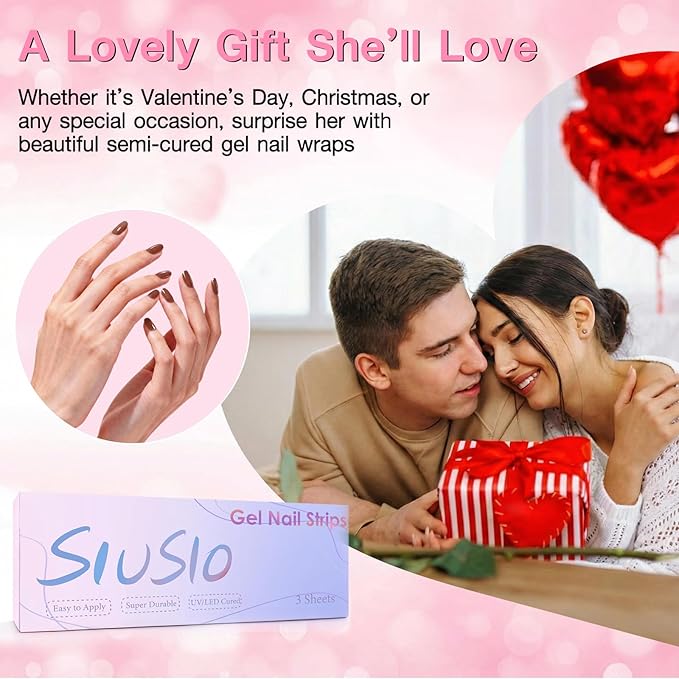 SIUSIO 3pcs Semi Cured Gel Nail Strips Red Heart Pattern, UV Press On Gel Nail Stickers for Women Girls DIY, Easy Apply & Remove, Valentine’s Day & Christmas Nail Art