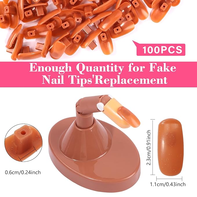 Adjustable Fake Mannequin Fingers - 3PCS Training Set With Acrylic Base and 100PCS Brown Nail Tips - Movable & Flexible For Nail Art Practice