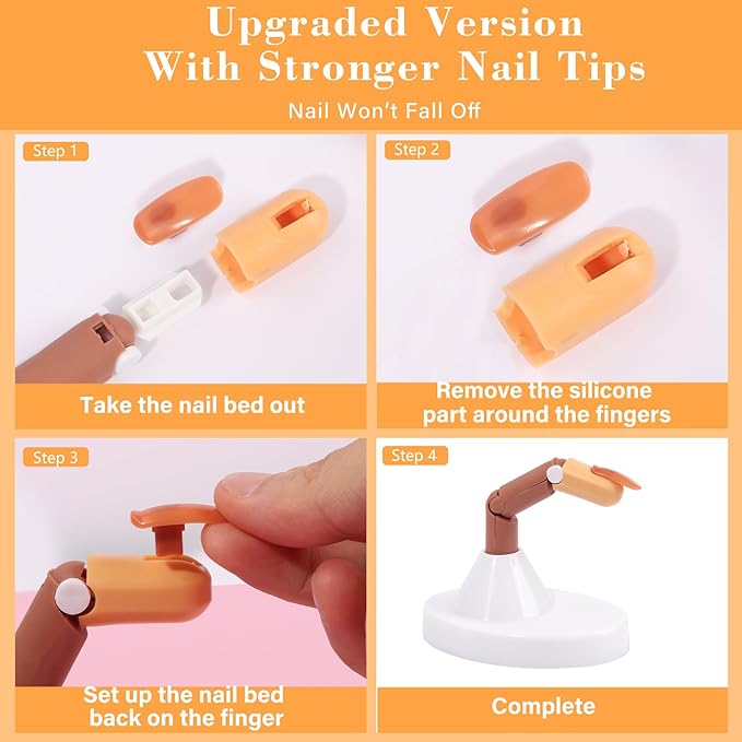 Practice Fingers for Acrylic Nails, Flexible Movable Fake Finger to Practice Fake Nails, 3PCS Adjustable Nail Finger Practice with 1PC White Acrylic Finger Base, 100PCS Brown Nail Tips With Box