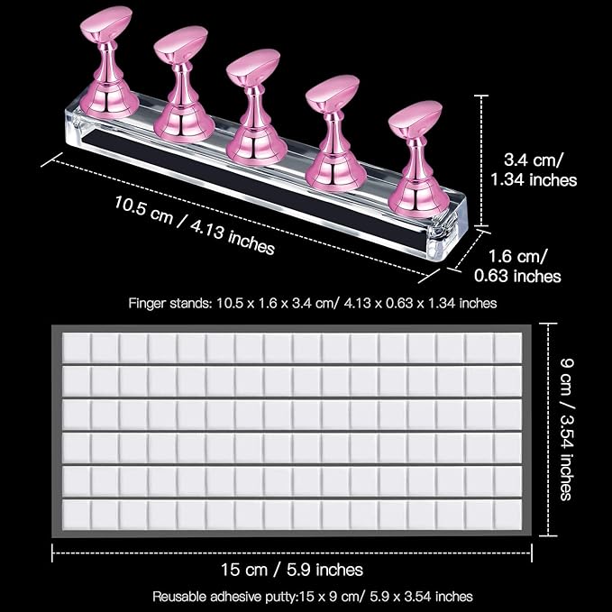 Blulu 2 Set Nail Stand for Painting Press Nail Holder Acrylic Magnetic Tips Training Fingernail Display Stands DIY Crystal Holders and 96 Pieces White Reusable Adhesive Putty(Metal Pink)
