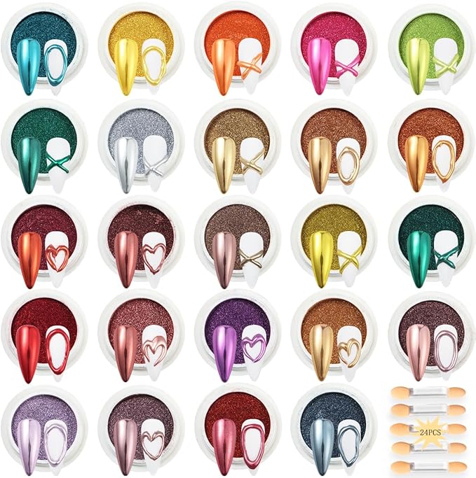 24Pcs Chrome Nail Powder Set - Metallic Mirror Effect Holographic Iridescent Aurora Mermaid Nail Powder Pigment Silver Red Green Gold Nail Chrome Powder for Nails Art Decoration(24 Eye Shadow Sticks)