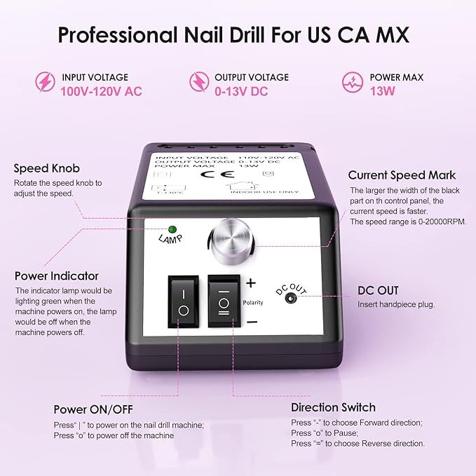 Professional Nail Drill Machine 20000 RPM Efile Electric Nail Filer Kit for Finger Toe Nails, Acrylic Gel Nails, Manicure Pedicure Drill with 6Pcs Nail Bits, 106Pcs Sanding Bands - Black
