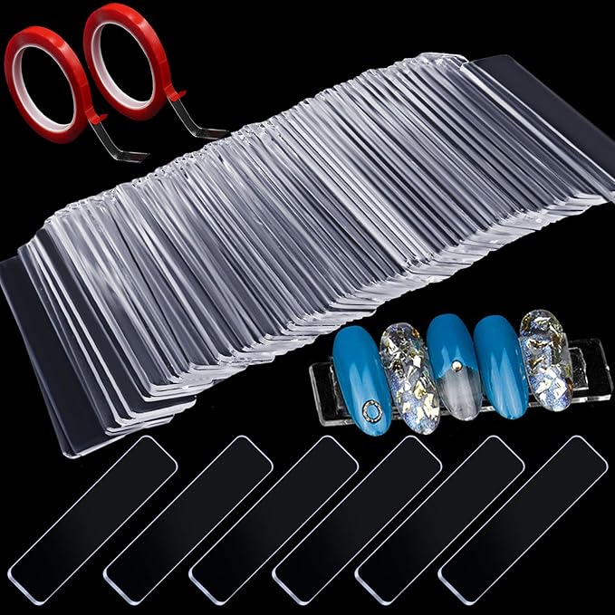 100PCS Transparent Nail Art Display Stand,With 2 Rolls Double-Sided Tape For Practicing,Acrylic Nail Tips Display Strips,Fake Nails Art Tips Practice Holder For Salon Home Nail Accessory Office Decor