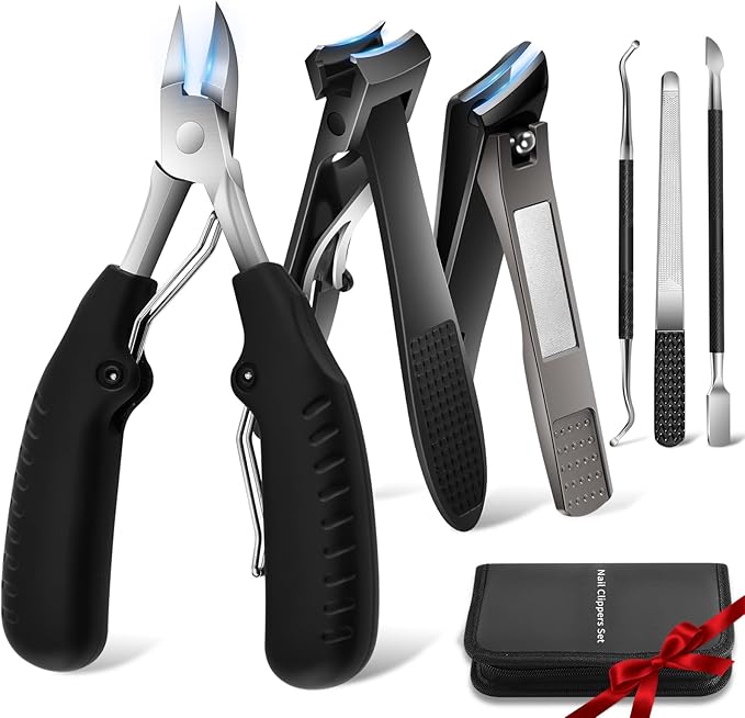 Toenail Clippers for Seniors Ingrown Thick Nails,Heavy Duty Super Sharp Podiatrist Wide Jaw Nail Clippers Set for Men Women,Large Nail Cutter Long Handle with Slanted Curved Blade,6PCS