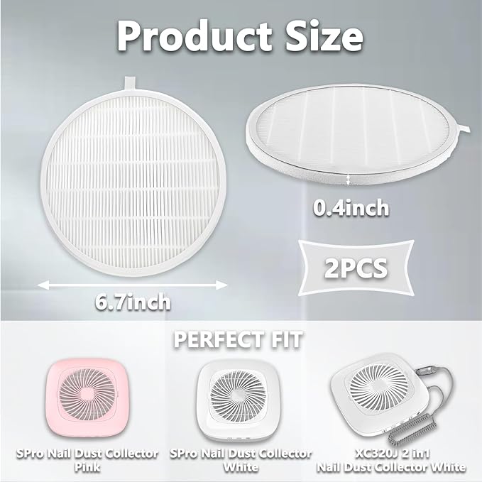Nail Dust Collector Filter, Replacement Filters Compatible with MelodySusie Nail Dust Collectors Models SPro/XC320J Reusable Dust Filter for Nail Dust Vacuum Machine, Nail Salon, Home Use - 2 pack