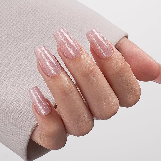 VSALON Press On Nails Short Coffin - Pink Cat Eye Glitter Glue on Nails, Reusable Opaque Winter Fake Nails with Glue, Protector Cuticle Oil, Adhesive Tabs - 32 PCS Stick On Nails in 16 Sizes