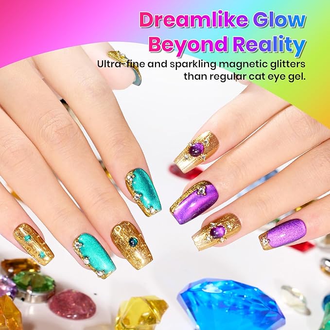 beetles Gel Polish Fairy Prism Cat Eye Gel Nail Polish Set - 6 Colors Glitter Red Green Blue Pink Purple Christmas Gel Nail Kit Magnetic Shine Soak Off UV Salon DIY Manicure Winter Gift for Women