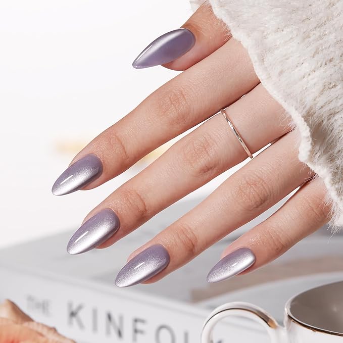 VSALON Press on Nails Medium Almond - Jelly Purple Cat Eye Glassy Glitter New Year Gift for Women, Reusable Fake Nails with Nail Glue, Protector Cuticle Oil, Tabs & Nail File-32 PCS in 16 Sizes