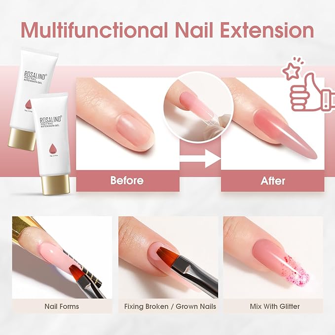 ROSALIND Rose Pink Poly Nail Gel, 2.37oz/70g Nail Extension Gel Nude Builder Enhancement,Thickening Strengthener 3D Molding Gels for Beginner & Professional Salon DIY Use