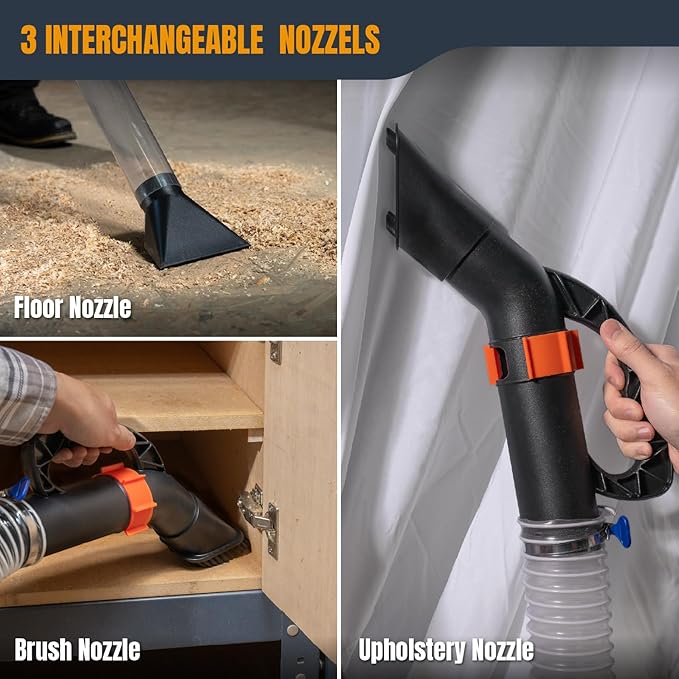 POWERTEC 2-1/2" Dust Collection Hose Floor Sweep Kit with 36" Clear Tube Extension, 3 Vacuum Nozzles, 2 Wall Mount Storage Clips, 1-1/2" Reducer Adapter (70443)