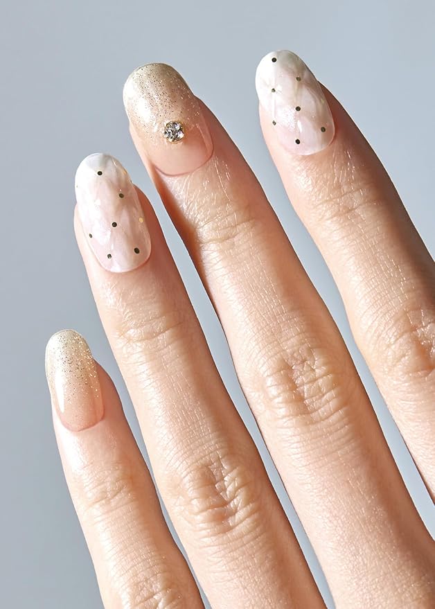 ohora Semi Cured Gel Nail Strips (N Champagne Glow) - Works with Any Lamps, Salon-Quality, Long Lasting, Easy to Apply & Remove - Includes 2 Prep Pads, Nail File & Wooden Stick