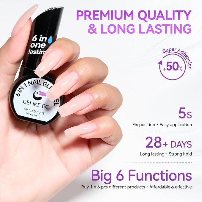 Gelike EC Nail Glue Gel 6 in 1 for Press-On Nails and Nail Tips Long Lasting Extension Strong Hold Brush-On UV Adhesive for Acrylic Tips Quick Dry Low-Odor No Pop-Off DIY at Home & Salon Art Use