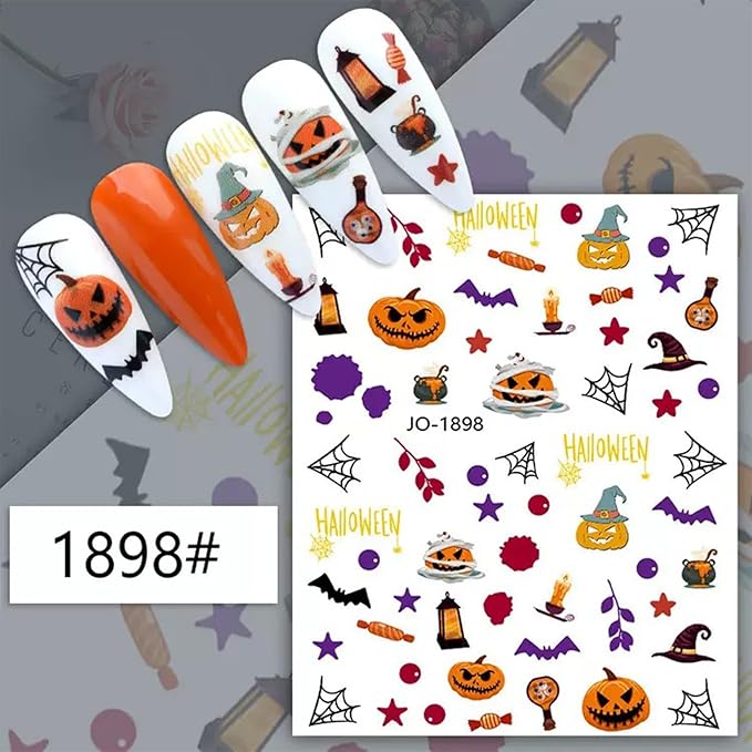 30 Sheets Halloween Nail Art Stickers Cute Pumpkin Skull Ghost Nail Stickers 3D Self-Adhesive Bat Spider Webs Nail Decals Nail Supplies for Women Girls Kids Decor