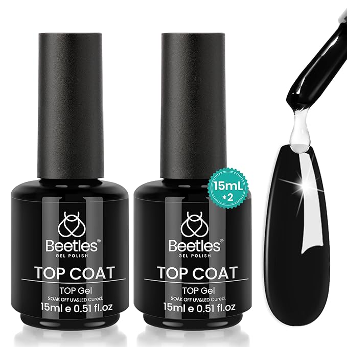 Beetles Gel Top Coat, 2Pcs 15ml Top Coat Gel Nail Polish High Gloss Shiny Long-Lasting, Soak Off Nail Lamp Home DIY Professional Manicure and Nail Salon