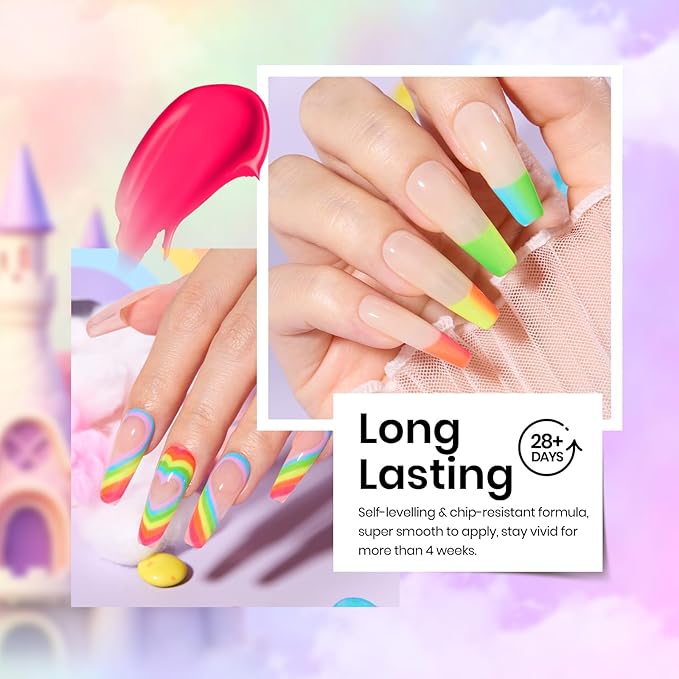 Beetles Neon Gel Nail Polish Set, Summer Gel Polish Kit 6 Colors Hot Pink Orange Yellow Green Blue Purple Soak Off UV Nail Lamp Design Manicure Gift for Women Girls Rainbow Kingdom