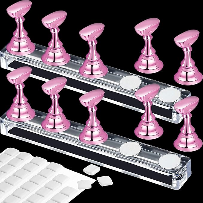 Blulu 2 Set Nail Stand for Painting Press Nail Holder Acrylic Magnetic Tips Training Fingernail Display Stands DIY Crystal Holders and 96 Pieces White Reusable Adhesive Putty(Metal Pink)