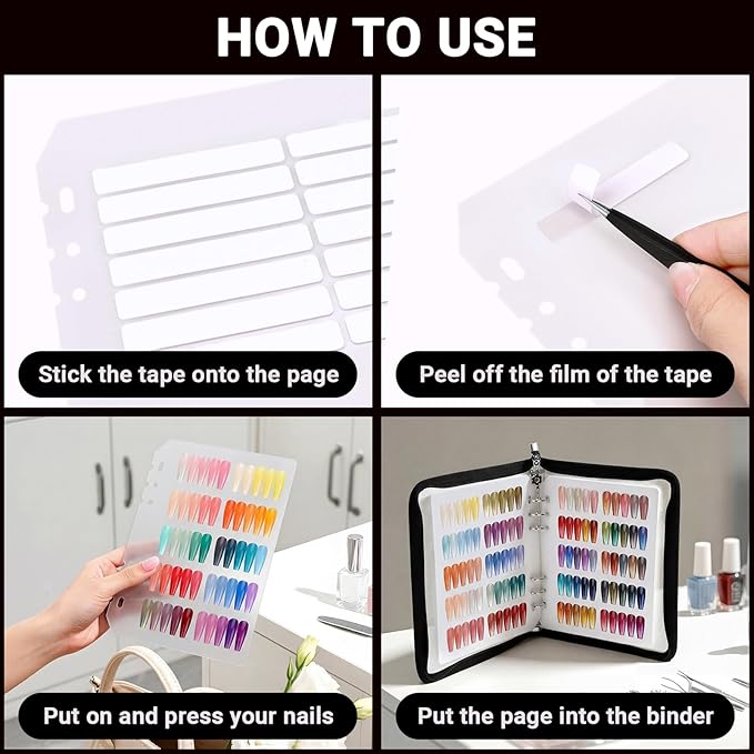 Segbeauty Nail Polish Color Swatches with Zipper, Nail Display Book A5 Binder, Press On Nails Stand with 240 Fake Nails, Polish Swatches Color Display Book Organizer Art Salon Supplies Storage Black