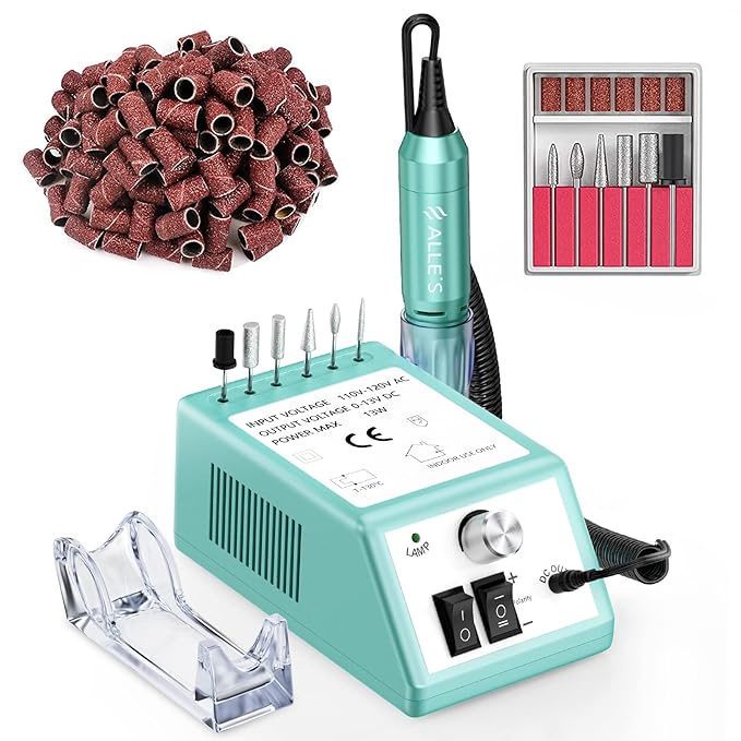 Professional Nail Drill Machine 20000 RPM Efile Electric Nail Filer Kit for Finger Toe Nails, Acrylic Gel Dip Nails, Manicure Pedicure Drill Tools with 6Pcs Nail Bits and 106Pcs Sanding Bands, Green