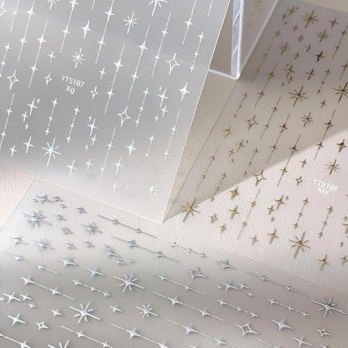 3 Sheets Star Nail Stickers for Nail Art 5D Embossed White Nail Decals Silver Gold Star Nail Art Stickers Shiny Nail Deisgn Nail Art Supplies for Women Girls DIY Manicure Decorations