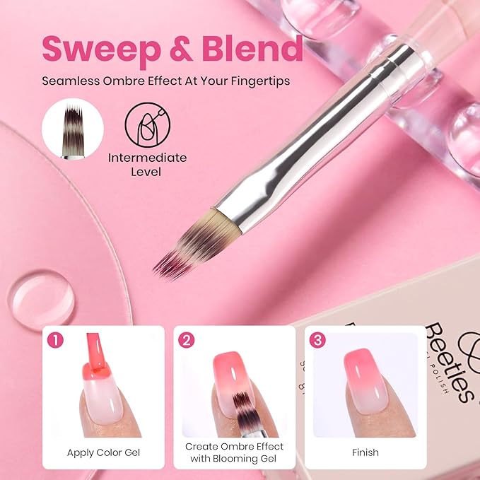 Beetles Blooming Gel and Nail Art Brushes Set - Ombre Nail Brush Gradient Stipple Clean Up Fingernail Art Pens and Silicone Dotting Tool for Gel Polish Blush Marble Chrome DIY Manicure Designs