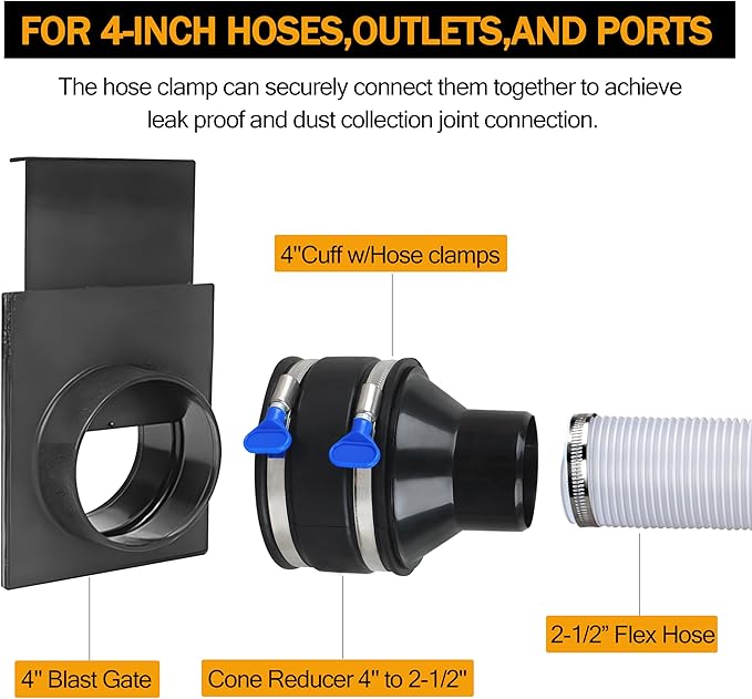 4 to 2 1/2 dust collection hose reducer with 4” Flex Cuff Dust Control and Stainless Steel Hose Clamps