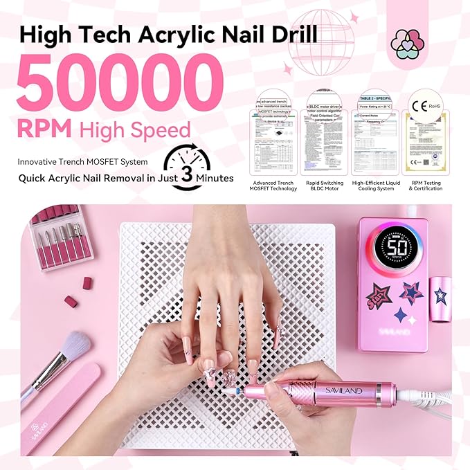 SAVILAND Professional Nail Drill Kit: 50000RPM Rechargeable Electric Nail File Machine E-File with 6000mAh Battery, Ceramic Bits and Stickers for Manicure Pedicure Shaping & Acrylic Removal Salon Use