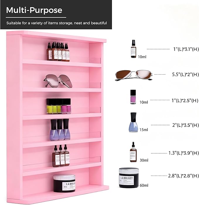 Wood Nail Polish Rack, Wall Mount Nail Polish Organizer, 6 Layers Nail Salon Storage Display Shelves Perfume Bottles Essential Oil Holder w/Acrylic Baffle, Pink