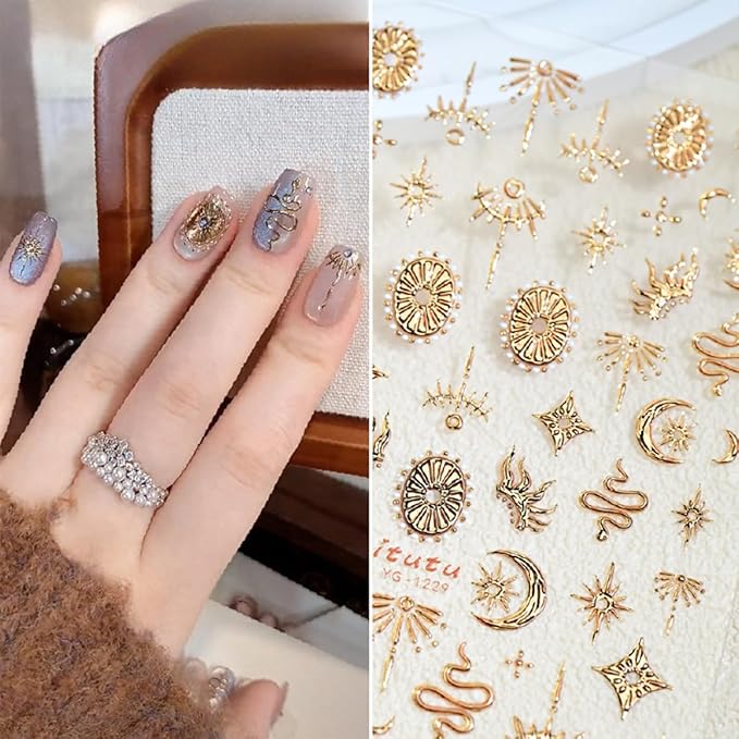 1 Sheets Embossed Star Nail Stickers for Nail Art Gold Snake Nail Decals 5D Self-Adhesive Bronzing Stars Moon Nail Supplies Gold Nail Art Stickers for Women Girls DIY Nail Decoration Accessories