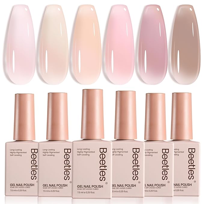 Beetles Jelly Gel Nail Polish Set - 6 Colors Neutral Sheer Nude Pink Brown Gel Polish Kit Soak off UV Nail Concealer Fall Gel Understated Grace French Nail Art Salon DIY Gift for Women