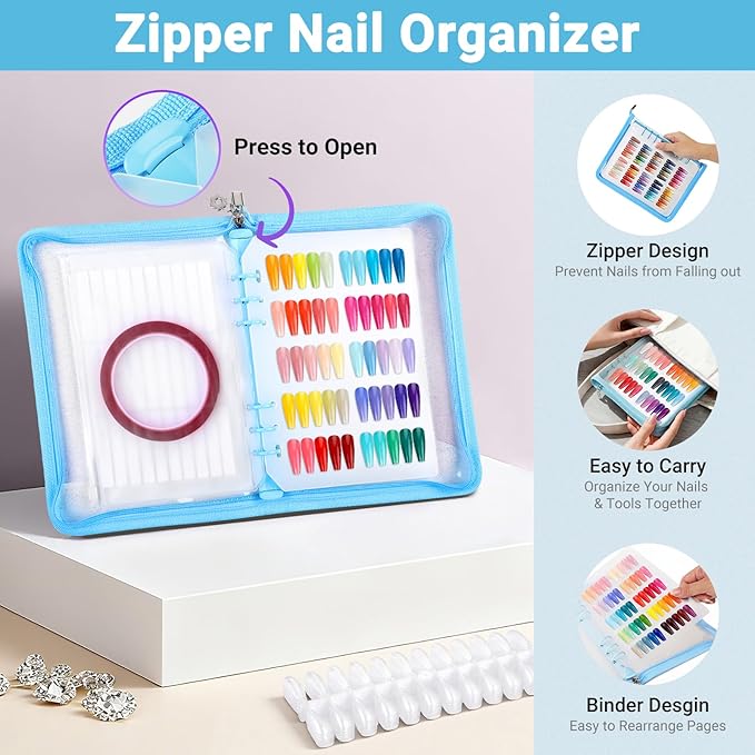 Segbeauty Nail Book Sample Organizer with Zipper, Nail Polish Display Book A5 Binder, Nails Color Swatches with 240 False Tips, Gel Nails Organizer Storage Polish Color Display Art Salon Supplies Blue