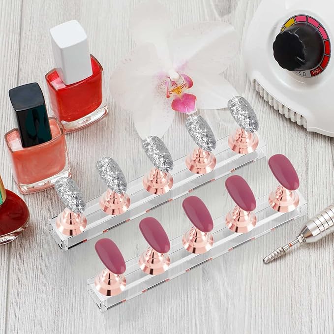 Nail Stand Acrylic Nail Art Display Stand Magnetic Nail Tips Practice Holder 54 Pcs Reusable Adhesive Putty for DIY Painting Nails Stand kit (Rose Gold)