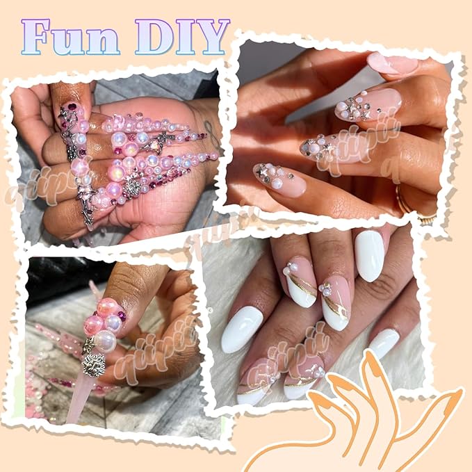 White AB Flatback Pearls w B7000 Jewelry Glue for Bedazzling Crafting 3/4/5/6/8/10mm Half Round Pearl Bedazzling Beads Gems Bedazzler Kit for Nails Face Eyes Makeup Tumblers Bottles DIY Crafts