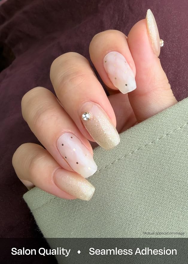 ohora Semi Cured Gel Nail Strips (N Champagne Glow) - Works with Any Lamps, Salon-Quality, Long Lasting, Easy to Apply & Remove - Includes 2 Prep Pads, Nail File & Wooden Stick