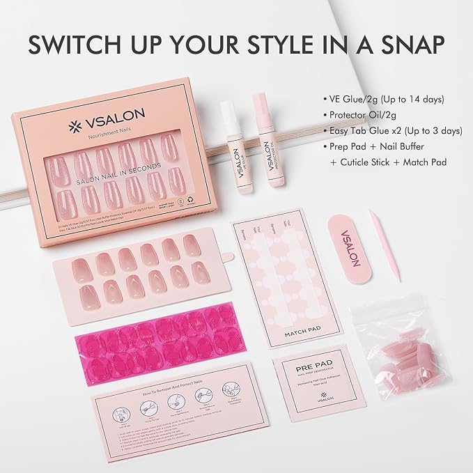 VSALON Press On Nails Short Coffin - Pink Cat Eye Glitter Glue on Nails, Reusable Opaque Winter Fake Nails with Glue, Protector Cuticle Oil, Adhesive Tabs - 32 PCS Stick On Nails in 16 Sizes