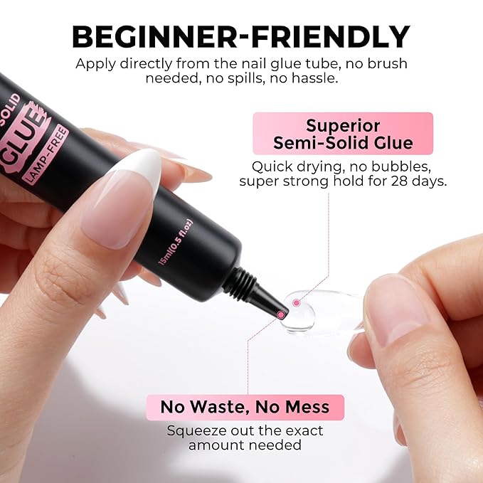 15g Nail Glue for Press Ons with 10ml Nail Glue Remover, Quick Dry Super Strong Semi Solid Glue, No Need Lamp Cured & Tools, Gentle Glueoff Non-Acetone Nail Polish Remover