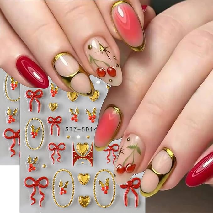 2 Sheets Christmas Nail Art Stickers 5D Stereo Self -Adhesive Golden Heart Nail Decals Holographic Hot Stamping Red Bow Nail Stickers Winter Gold Nail Staickers Decoration for Women DIY Manicure