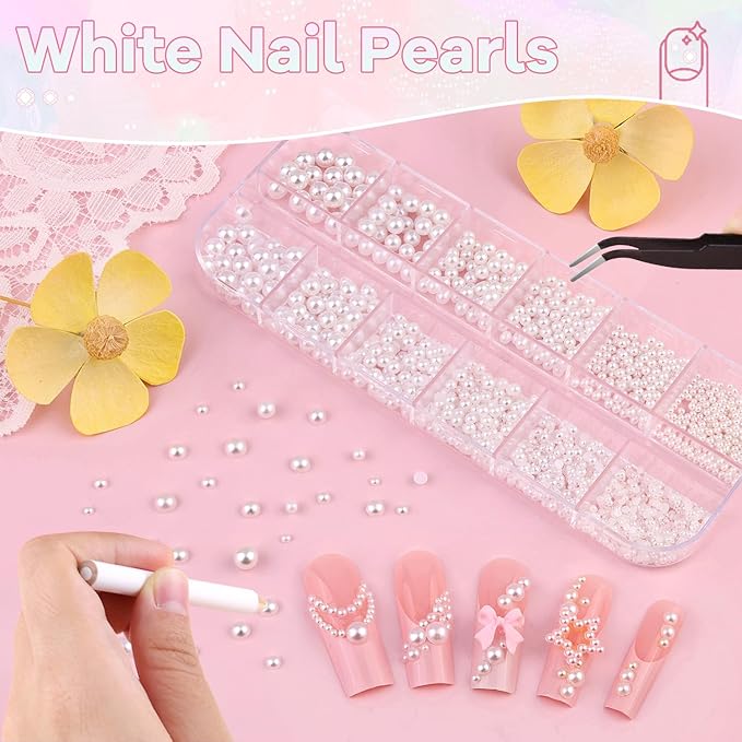 1 Box Nail Pearls Kit for Nail Art, White Pearl Nail Charms for Nails Design (Flatback+Round), Nail Charms and Gems for Acrylic Tips Manicure Decor with Pickup Pencil and Tweezers