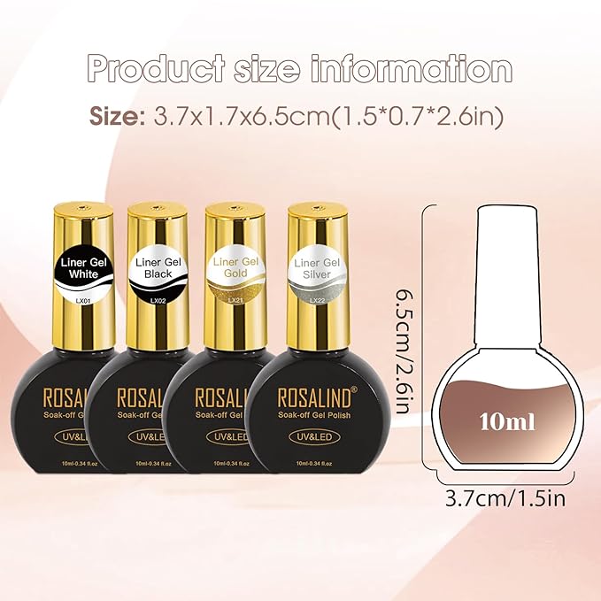 ROSALIND Gel Liner Nail Polish, 4 Colors 0.34oz/10ml Liner Gel Polish (Gold, Silver, White and Black) for Swirl French Nail Art Design Soak Off Need UV Curing Home DIY Painting Set