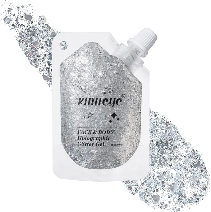 Holographic Face Glitter Gel Body Shimmer Makeup for for Hair, Face, Clavicle, Arm, Nail, Eyeshadow, Long Lasting Waterproof Mermaid Sequins Party Glitter for Rave Festival, 1.35oz (Pure Silver #10)
