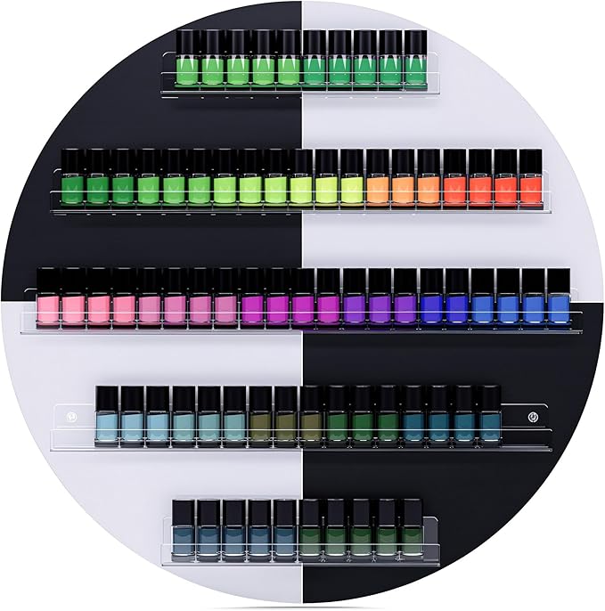 Wall Mount Nail Polish Rack, 5 Layers Round Nail Polish Organizer, Nail Salon Storage Display Shelves Perfume Essential Oil Bottles Holder w/Acrylic Baffle, White + Black