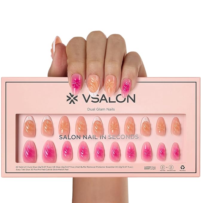 VSALON Press-On Nails Short Almond - 32 PCS French Tip Cream Finish Main Nails in 16 Sizes & 10 PCS Alternative Nails - Fake Nail Kit with UV Glue, Easy Tabs, Nail Glue & Remover (Barlow Girl)