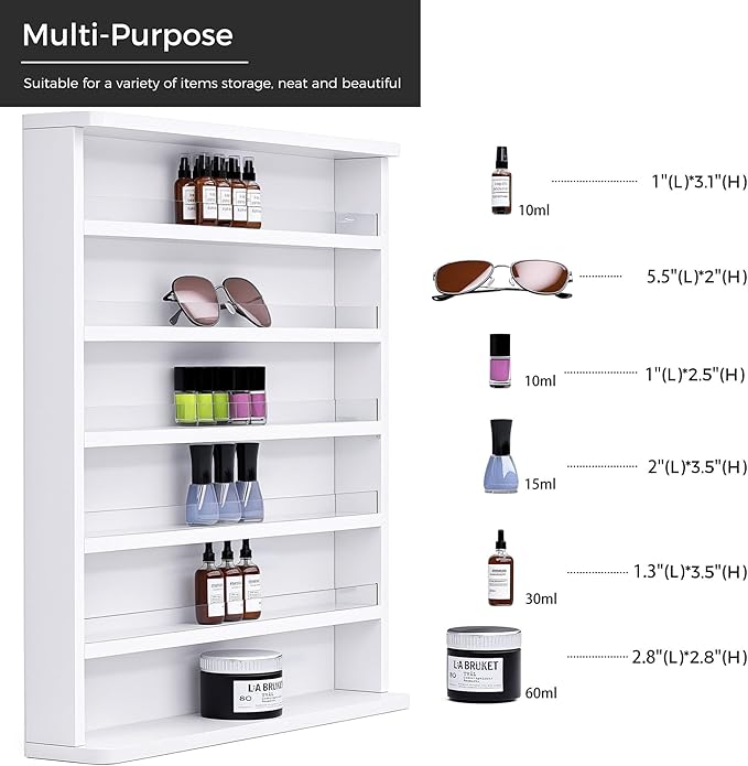 Wood Nail Polish Rack, Wall Mount Nail Polish Organizer, 6 Layers Nail Salon Storage Display Shelves Perfume Bottles Essential Oil Holder w/Acrylic Baffle, White