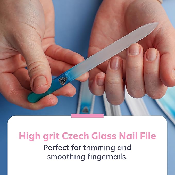 Bona Fide Beauty Handmade Czech Glass Manicure Pedicure Gift Set for Women, 4PC Gift Set in Blue with Glass Foot File, Cuticle Pusher, Mini File and Regular Nail Filer