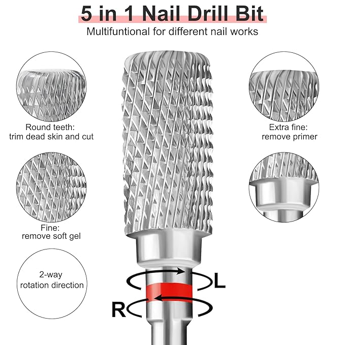 Safety Nail Drill Bits, 3/32'' Carbide Bits, Professional Nail Efile Bit For Nail Drill Machine, Suitable for Manicure Pedicure Cuticle Gel Polishing, Beginners Bits (Silver, Fine Grit)