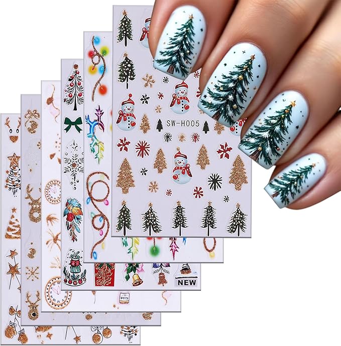 6 Sheets Christmas Nail Art Stickers 3D Self -Adhesive Santa Claus Snowflake Nail Decals Holographic Winter Nail Stickers Christmas Trees Lanterns Nail Staickers Decoration for Women DIY Manicure