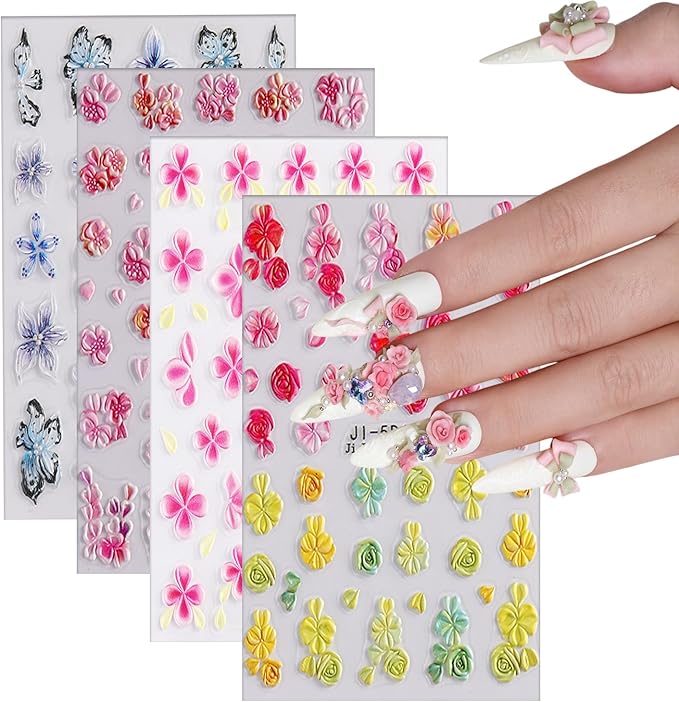 4 Sheets 5D Flower Nail Art Sticker Stereoscopic Floral Self-Adhesive Nails Stickers Blossom Nail Art Decals Holographic Flowers Decal for Women Pink Blue Red Manicure Stickers DIY Nails Supplies