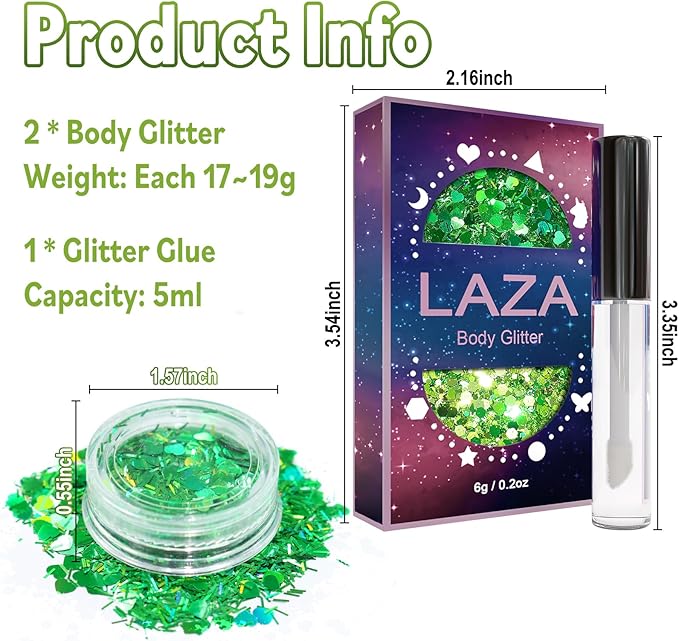 Laza 2 Jars St. Patrick’s Day Body Glitter Iridescent Chunky Sequins with Glitter Glue Women Eyeshadow Makeup Face Paint Festival Rave Outfits Hair Accessories Carnival Party Costumes-Iridescent Clove